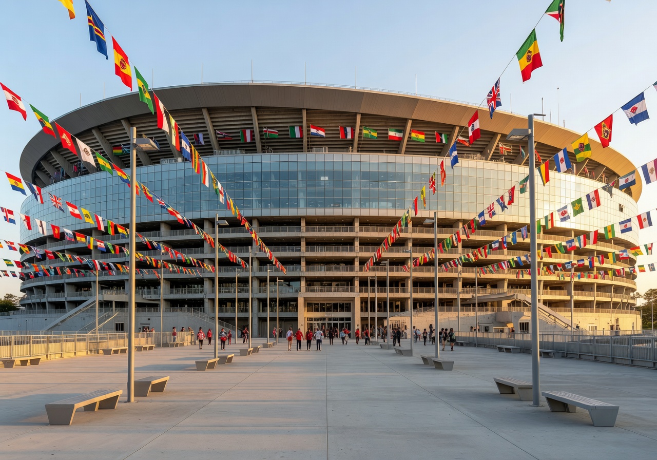 Large American football stadium exterior prepared to host World Cup 2026 matches