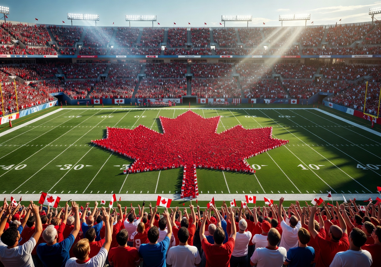 Canadian football stadium with vibrant atmosphere and red maple leaf tribute