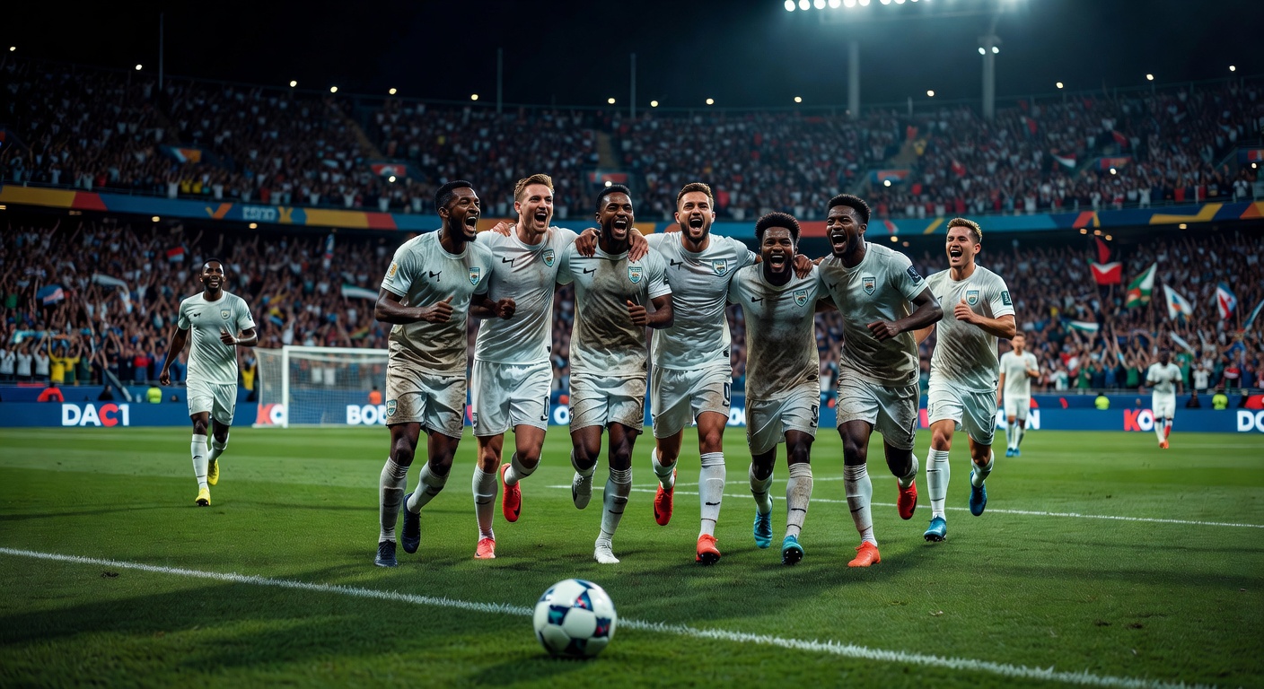 Dark horse underdog national team celebrating a goal in a major tournament match