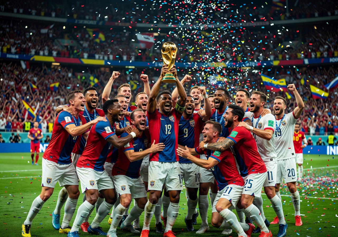 Elite national team lifting World Cup trophy in celebration
