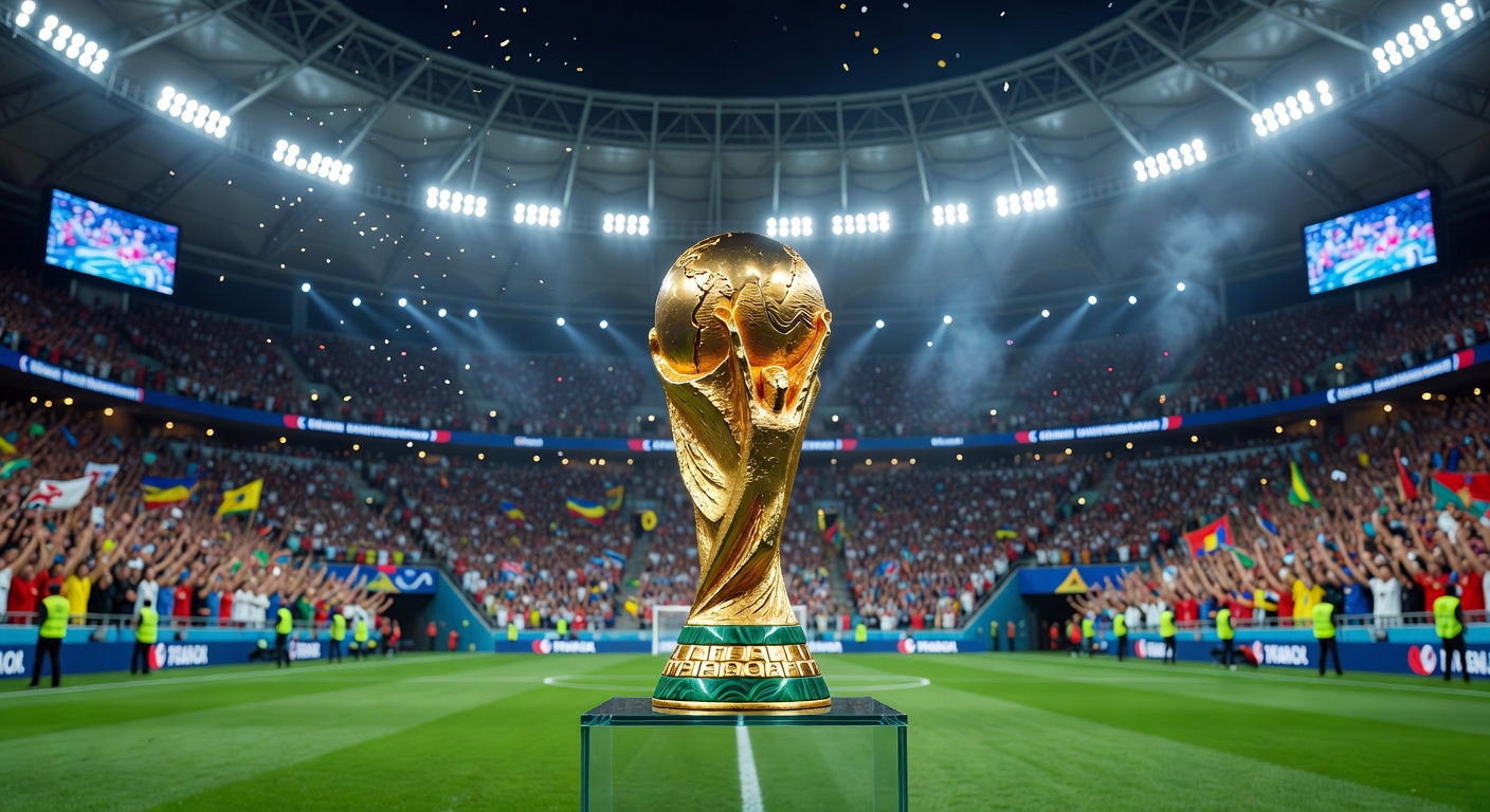 FIFA World Cup 2026 trophy on display with stadium atmosphere