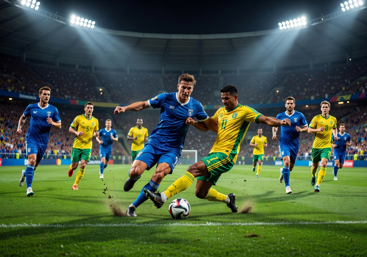 Intense World Cup 2026 knockout match with players competing for victory under floodlights