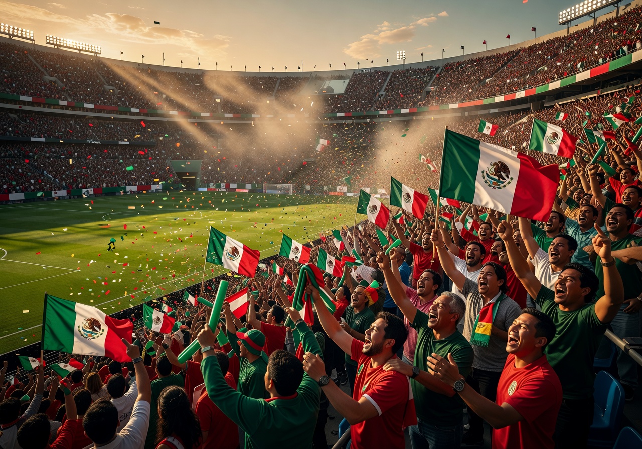 Mexican football stadium at golden hour with passionate crowd celebrating