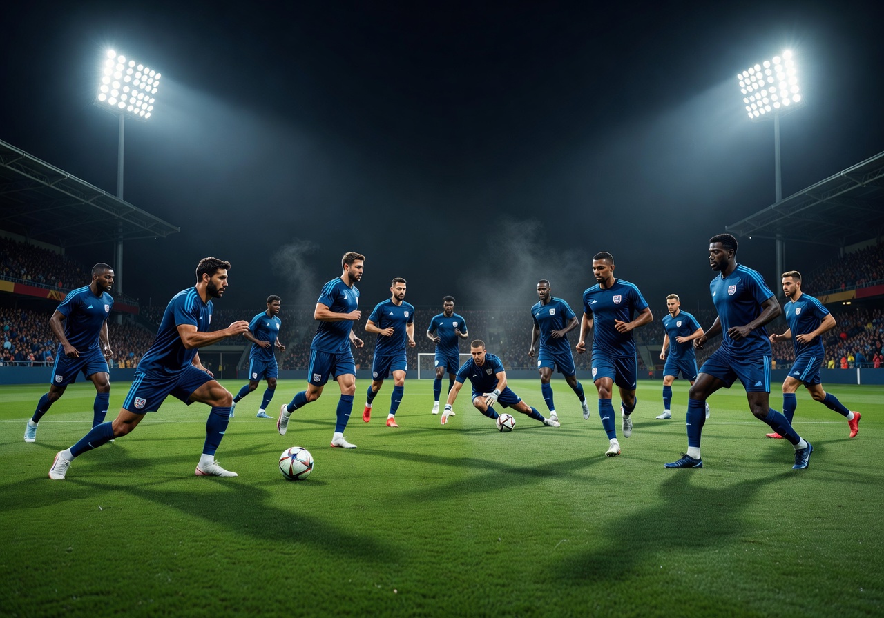 National team warming up under floodlights preparing for a World Cup match