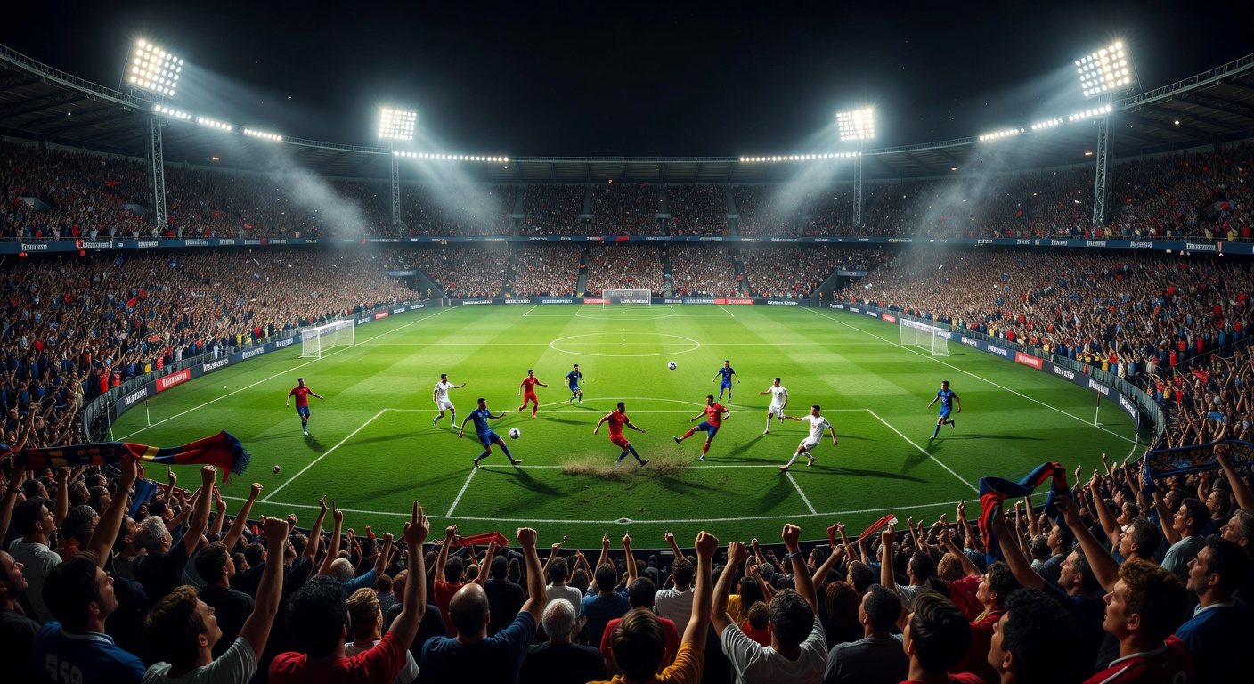 Panoramic view of football stadium during an electrifying World Cup night match