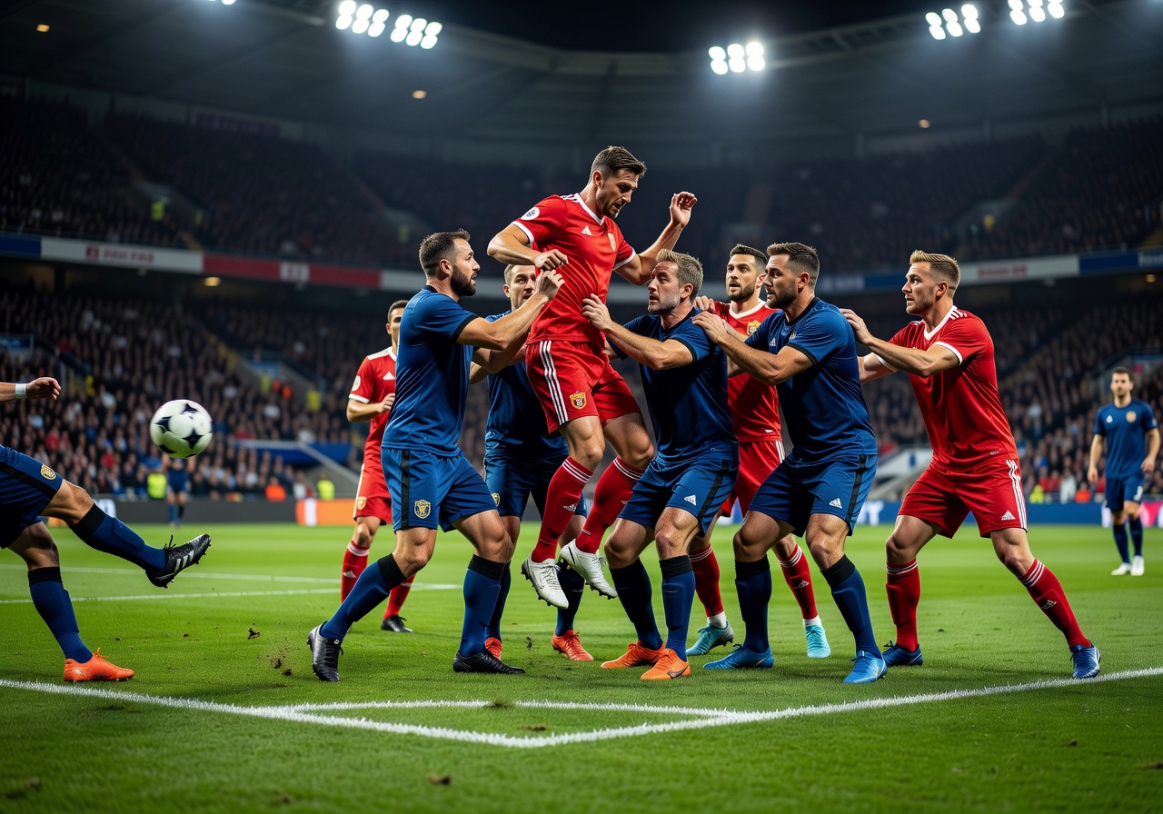 Set piece corner kick moment with players jostling for position in the penalty area