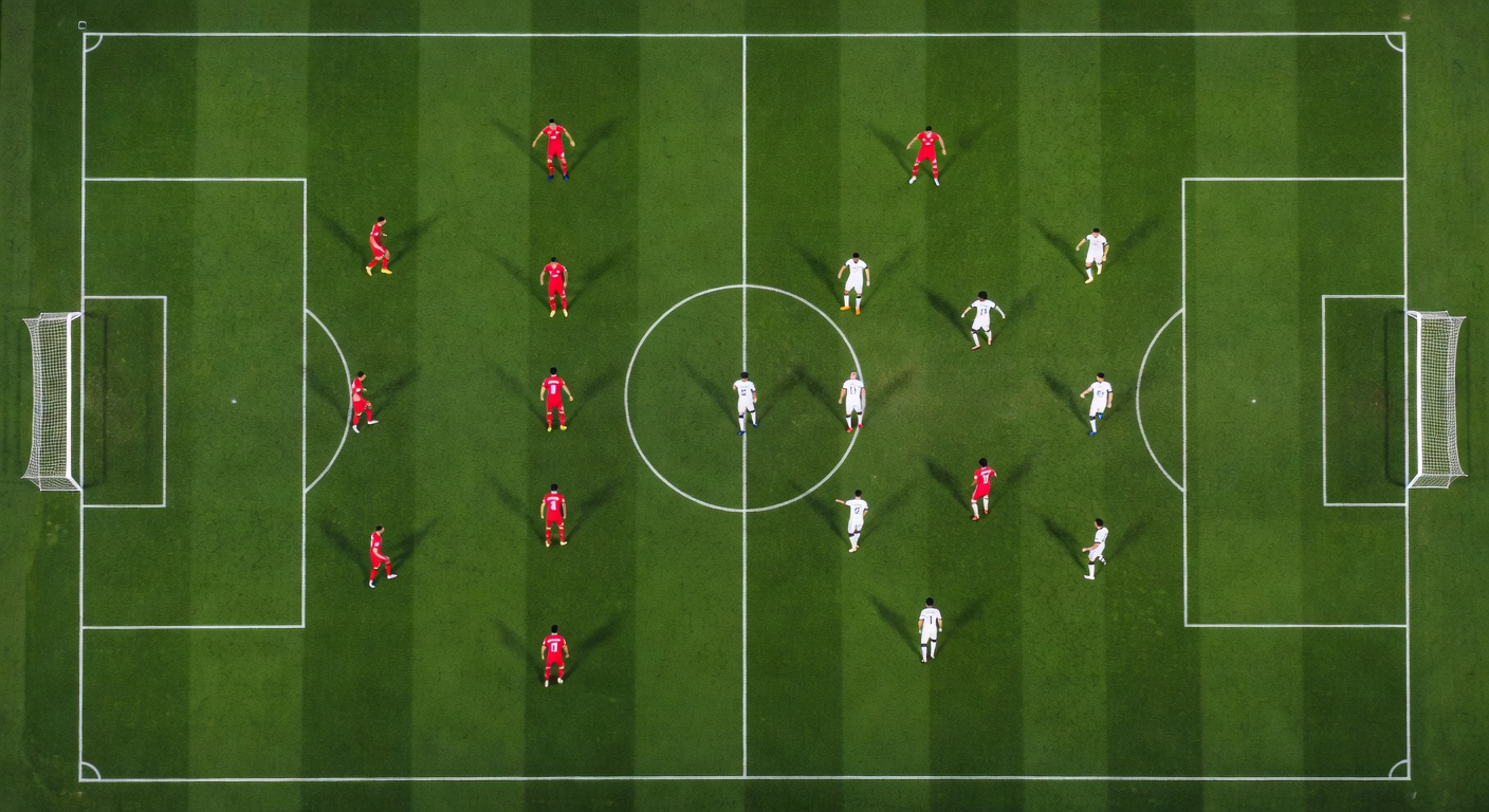 Tactical overhead view of international football match showing modern formations