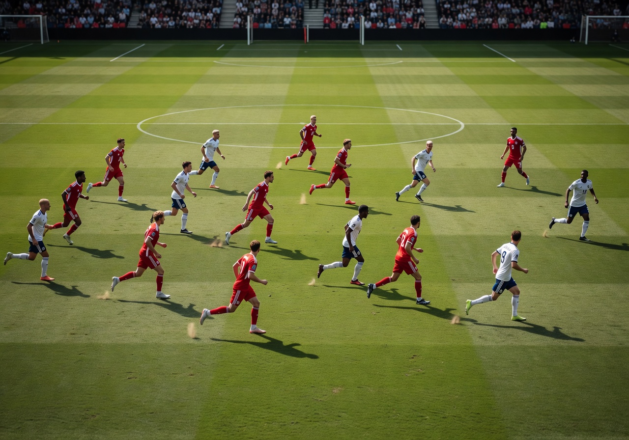 Wide angle of football pitch showing how team formations shift dynamically during play
