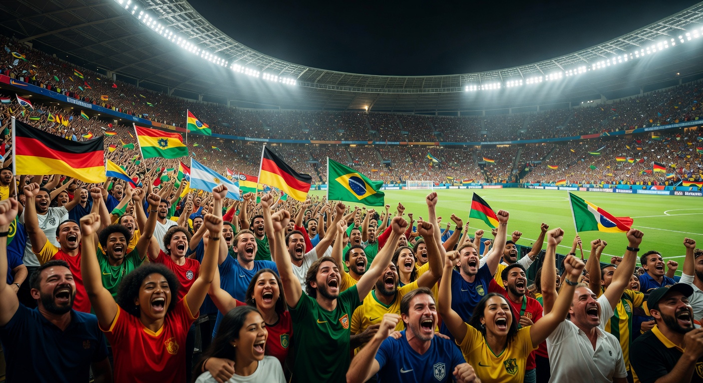 World Cup stadium filled with passionate fans under bright lights at night