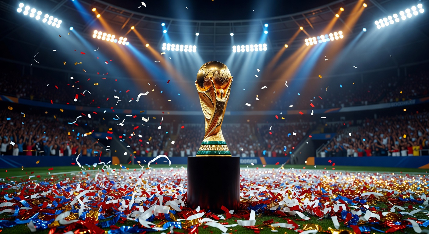 World Cup trophy on display surrounded by confetti and stadium lights